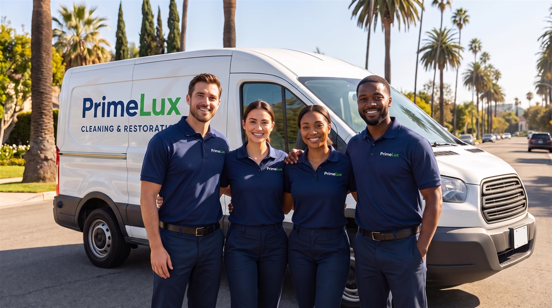 The PrimeLux cleaning team standing in front of a branded company van
